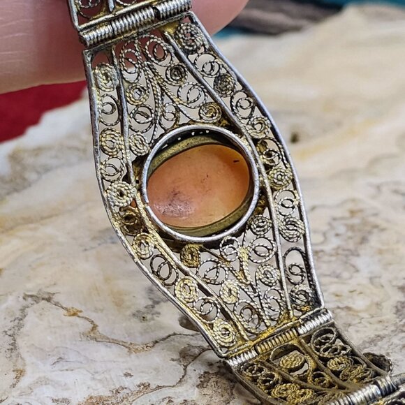 Antique Victorian 800 Silver Filigree Mother of Pearl MOP Cameo Bracelet - Picture 13 of 13